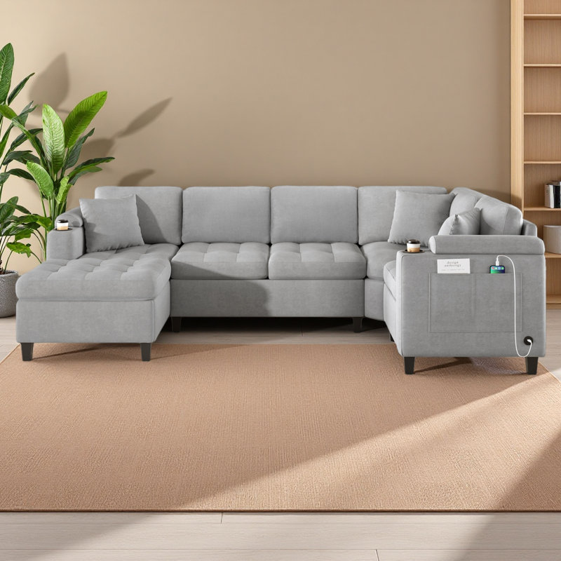 Canapé modulaire moderne en forme de U avec canapé-lit modulaire 115,7 po avec porte-gobelets intégré, Chenille gris pâle