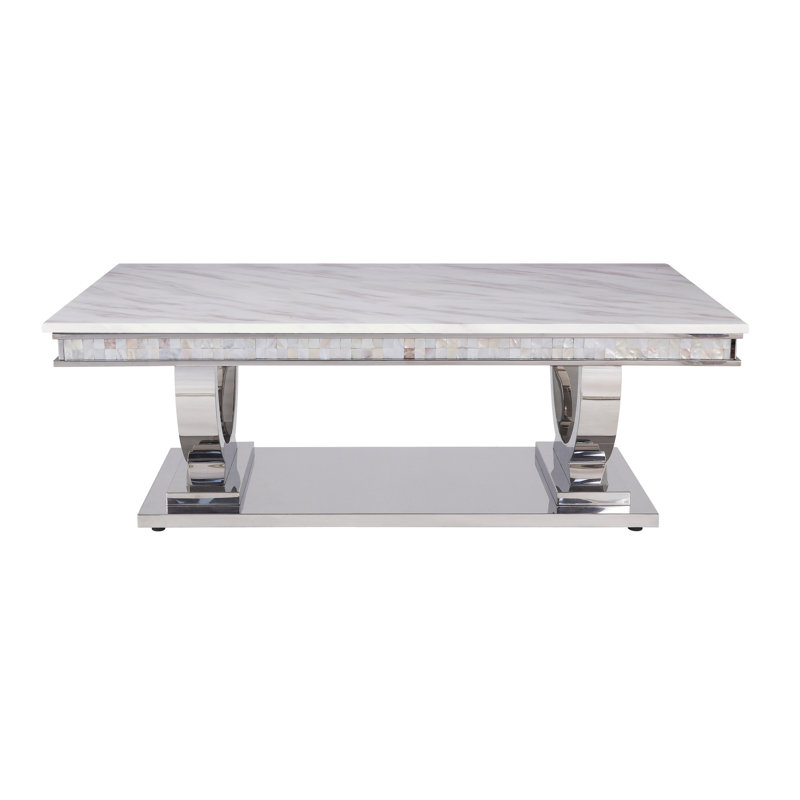 Table basse en simili marbre blanc avec finition argentée miroir, plateau de table épais de 18 mm d'épaisseur, élégant pour le salon moderne avec surface et surface épaisse et sophistiquée, acier inoxydable