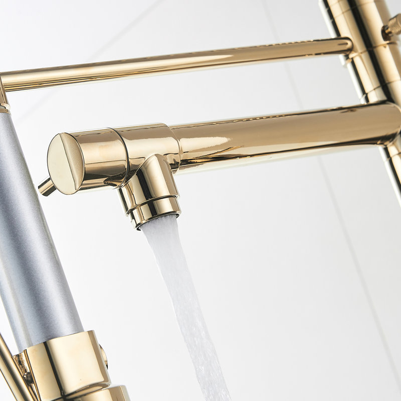 Robinet de cuisine en or brossé avec douchette rétractable, levier simple, débit réglable et douchette ajustable, débit d'eau