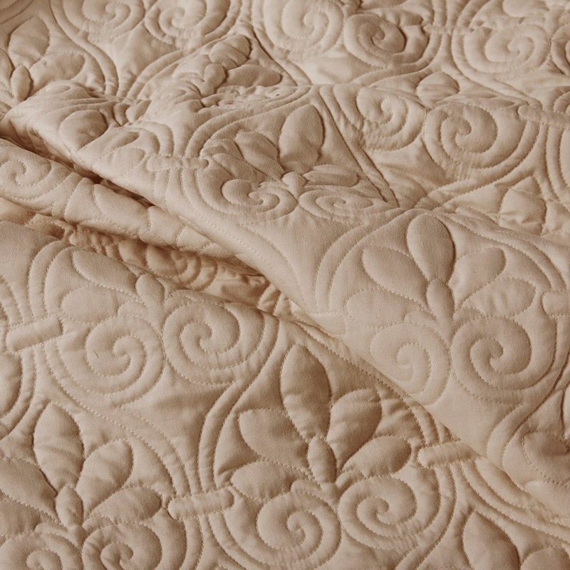 3 Piece Split Corner Pleated Quilted Bedspread Khaki Queen