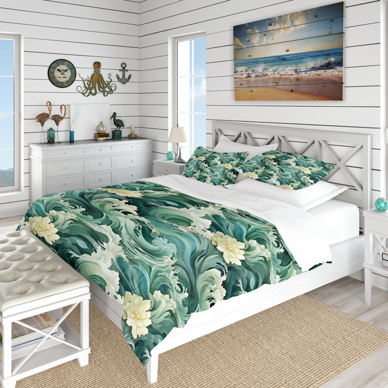 Ensemble de housse de couette Green Aquamarine Cascade Chann - Coastal, Housse de couette pour très grand lit et 2 très