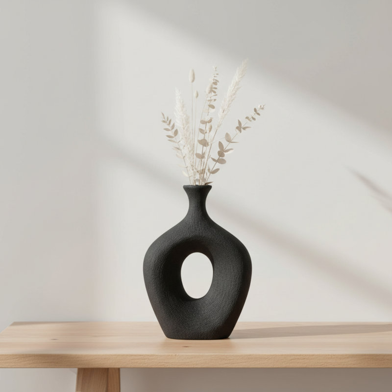 Vannorman Ceramic Sculptural Cut-Out Table Vase , Beaded Black, 13"H x 9"W x 3"D