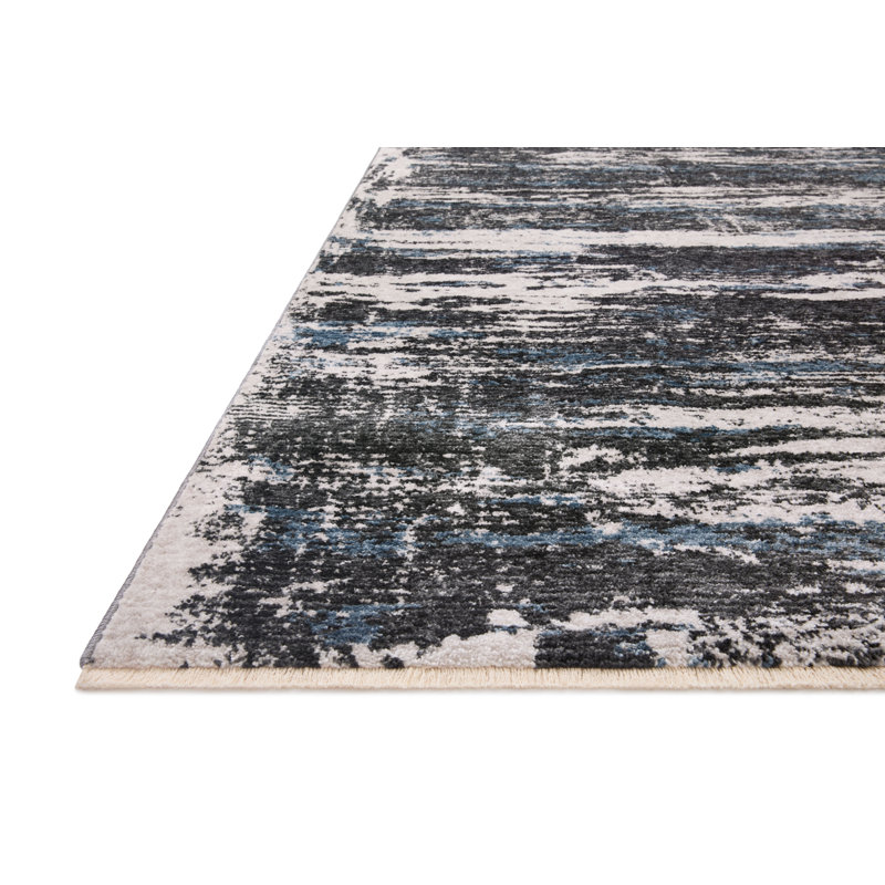Charcoal Black and Steel Blue Abstract Fringe Rug - 27" x 46"