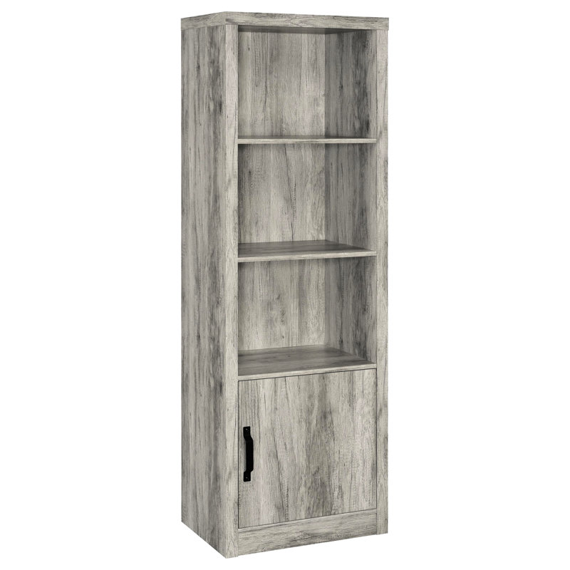 Tour média grise en bois flotté avec plusieurs tablettes pour le rangement dans un décor transitionnel, 23,5 pouces de largeur.