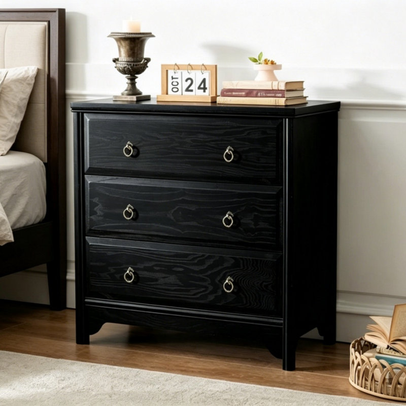 Commode 3 tiroirs en bois d'ingénierie, finition bois naturel et peinture à l'eau, commode de rangement rétro. (Noir), Noir
