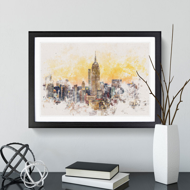 Yellow New York Skyline Watercolour - Framed Print, 62cm H x 87cm W x 2cm D, Black