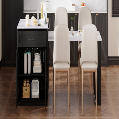 Îlot de cuisine de 82,7 po avec table de salle à manger extensible pour 4 à 6 personnes, table de cuisine en similibable avec rangement double, prise de courant, îlot de cuisine avec rangement 2 tiroirs et 2 tablettes latérales ouvertes