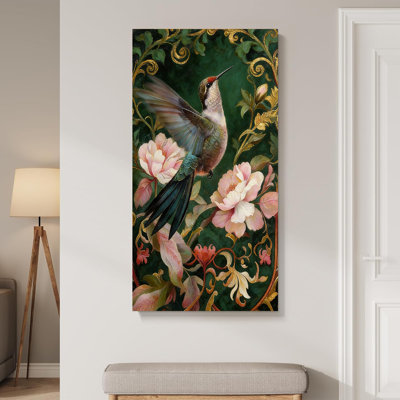 Art mural vertical vertical sur toile Colibri rétro, estampes de peinture florale naturelle, œuvre d'art classique en or vert pour salon, chambre à coucher, bureau, art mural décoratif prêt à être accroché 20 po x 40 po