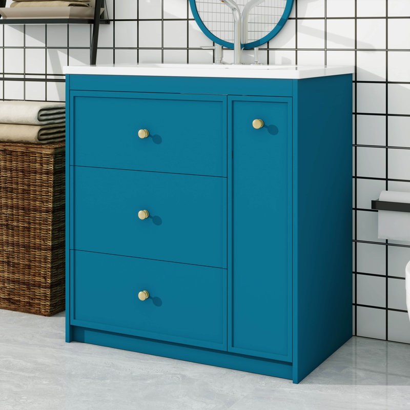 Ensemble de meuble-lavabo 30 po avec lavabo en céramique, ensemble de meuble-lavabo simple autoportant avec quatre tiroirs, unité de rangement de salle de bain moderne