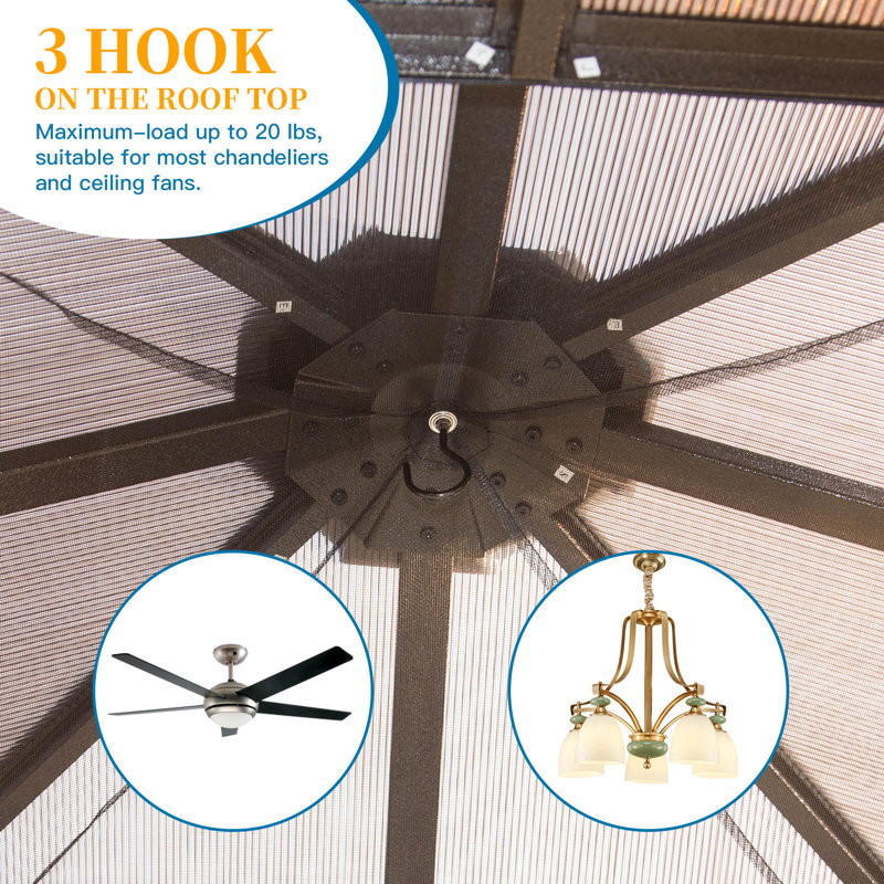 Aluminum Patio Gazebo Permanent Double Polycarbonate Roof Canopy, 12 ft x 12 ft, Brown