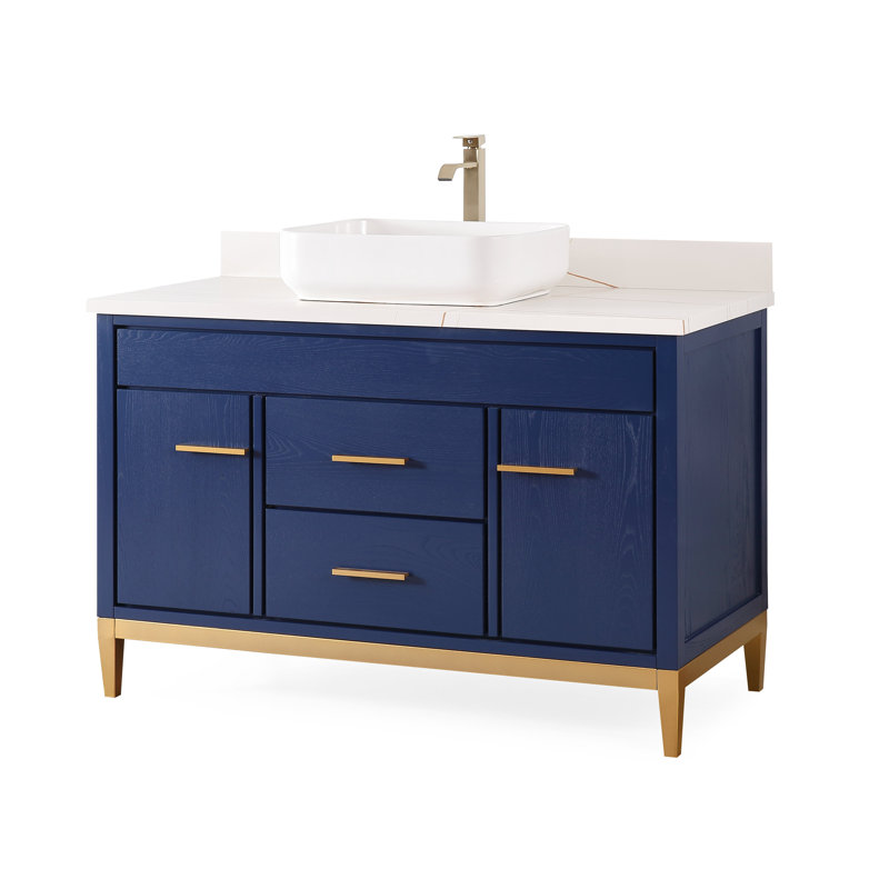 Andreka 48'' Single Bathroom Vanity with Quartz Top, White, Navy Blue
