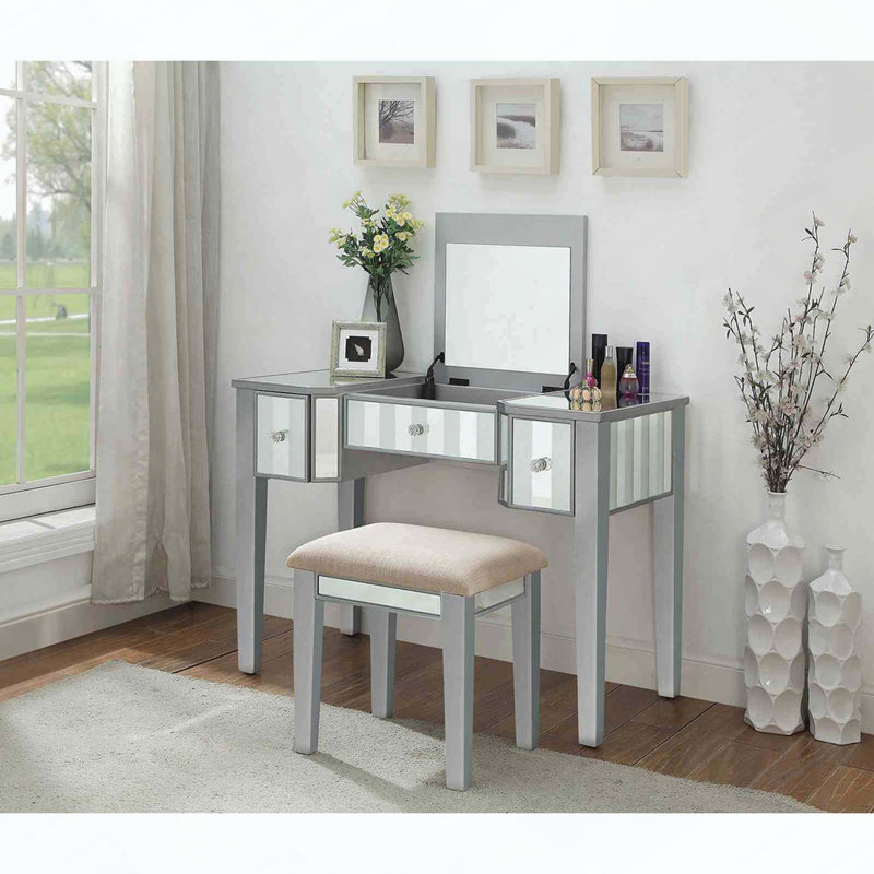 Ensemble de coiffeuse de style transitionnel avec tabouret, tiroirs de rangement, miroir central et tabouret rembourré