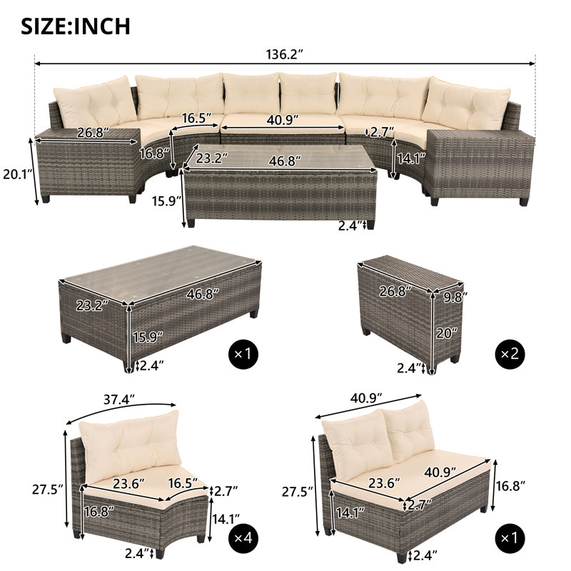 8-pieces Outdoor Wicker Round Sofa Set, Half-Moon Sectional Sets All Weather, Curved Sofa Set With Rectangular Coffee Table, PE Rattan Water-resistant and UV Protected, Movable Cushion