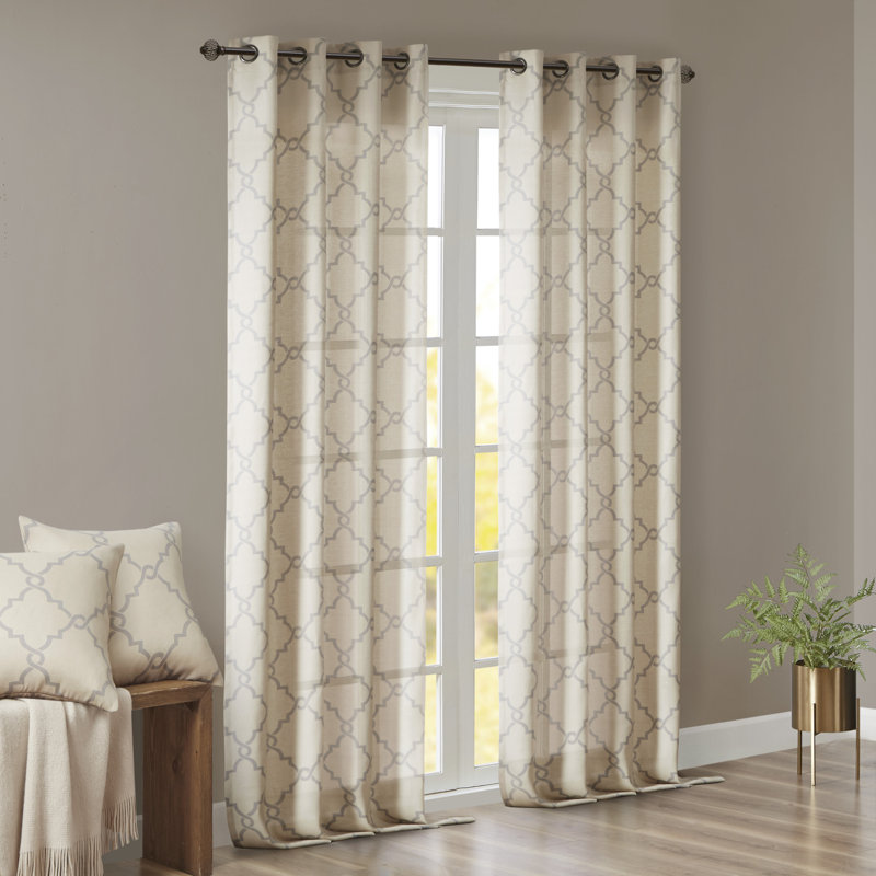 Saratoga Fretwork Print Grommet Top Single 50x108" Window Curtain Panel, 50" W x 108" L, Beige/Grey