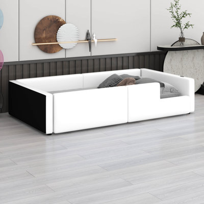 Twin Size Platform Bed (Upholstered, For Kids/Teens) – Guardrail, Charging Station, Sturdy Solid Wood Frame