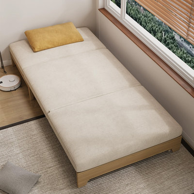 Solid Wood Frame Pull Out Sleeper Chair, Beige Cotton Linen Upholstered Convertible Single Sofa Bed