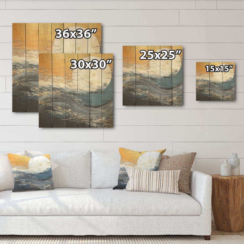 Noir et doré, rêverie coucher de soleil - lever de soleil sur bois de pin naturel, H 25 po x l 25 po