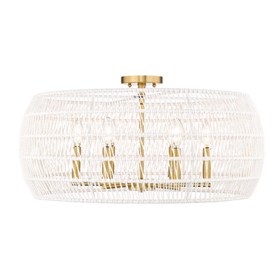 Babie 6-Light Semi-Flush In Modern Brushed Gold With Bleached White Raphia Rope