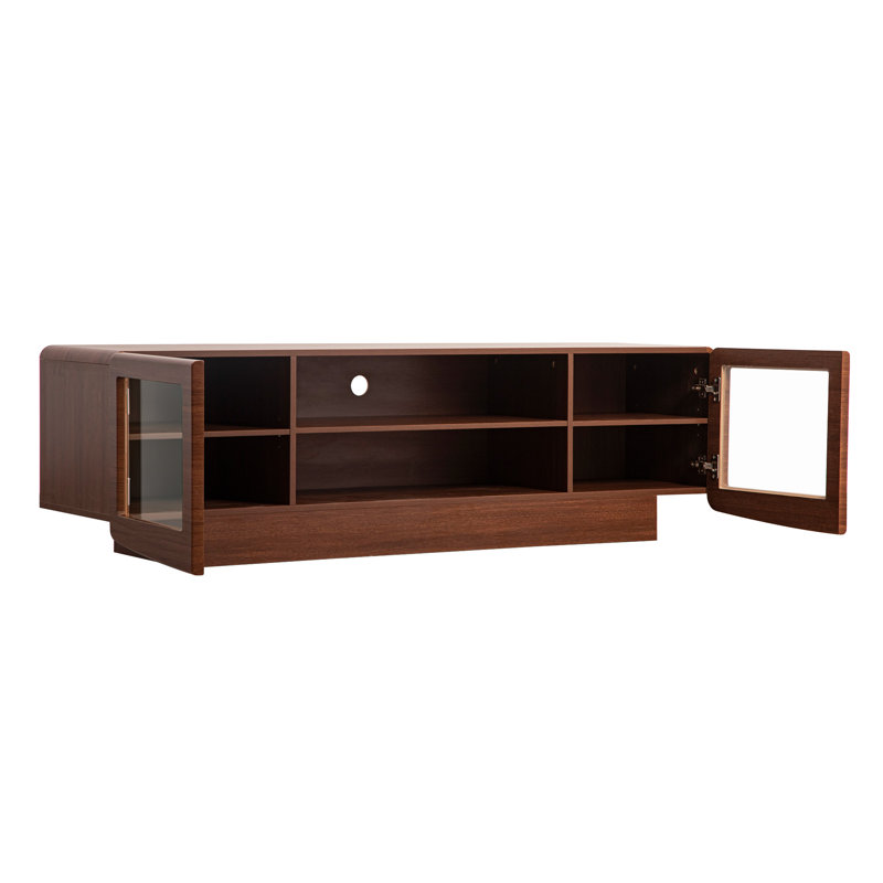 Meuble télé rétro en noyer foncé avec portes en verre trempé, console multimédia moderne pour salon