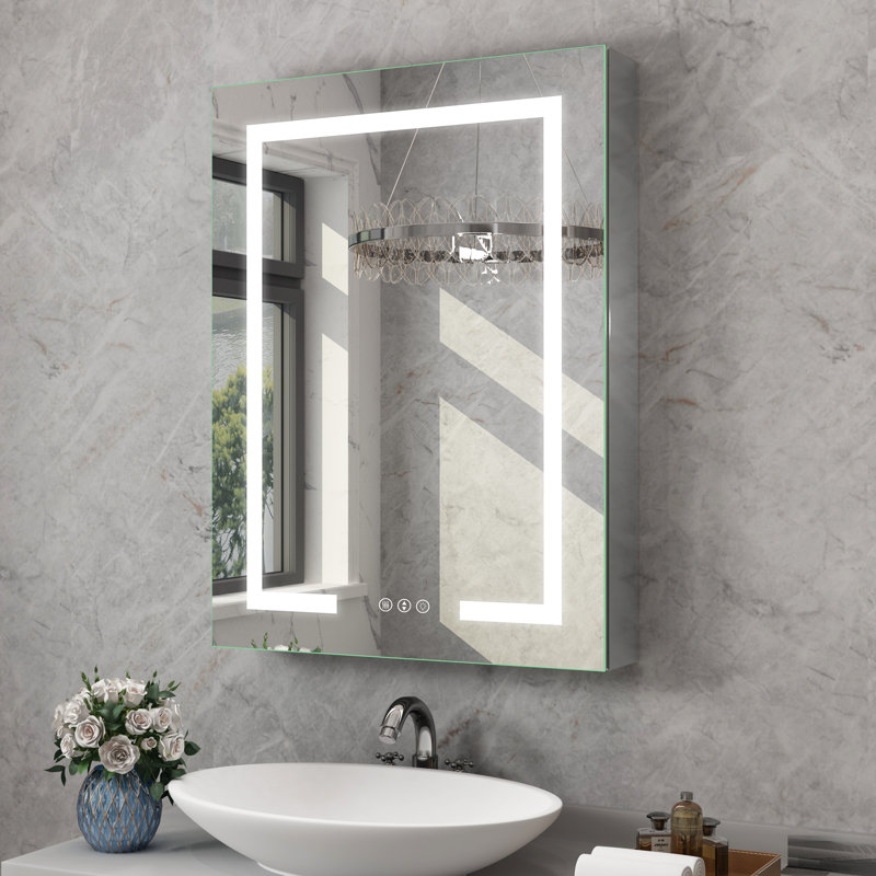 Hartli Recessed or Surface Mount LED Medicine Cabinet Mirror with Dimmable Light & Socket, Silver, Left-opening