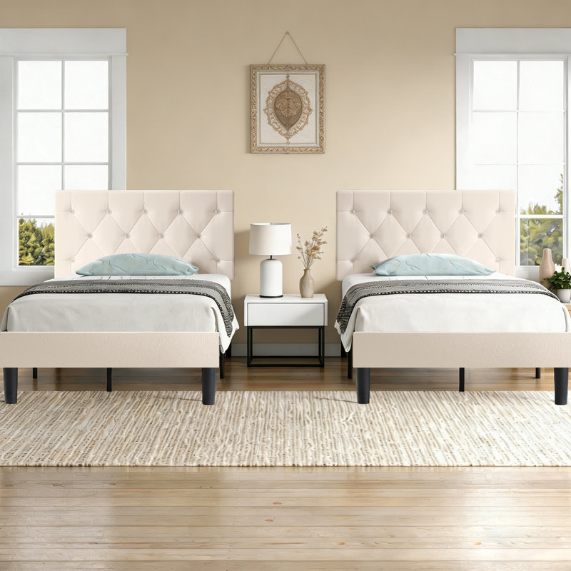 Twin Size Bed Set Upholstered Platform With Adjustable Diamond Tufted Headboard, Beige