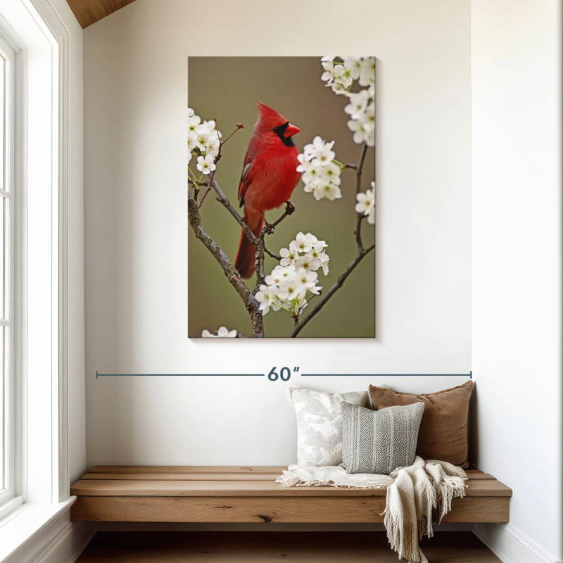 Brampt cardinal du nord et fleurs de poire, H 45 po x l 30 po