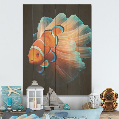 Orange Clownfish Portrait I - Coastal Coral Under Water Wood Wall Art On Natural Pine Wood