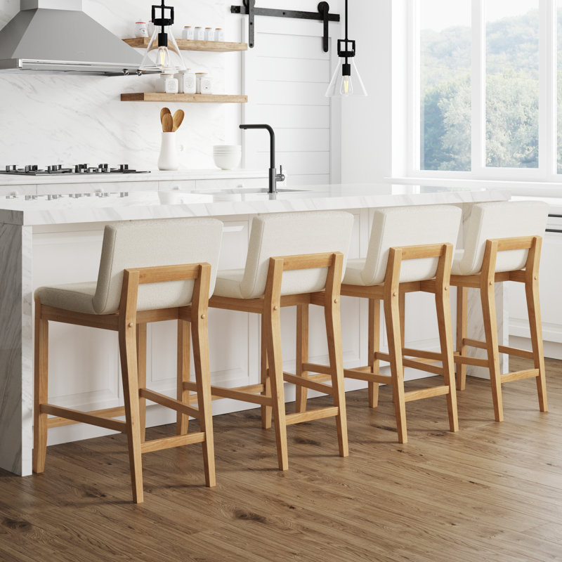 Cream Boucle Upholstered Counter Stools with Warm Pine Legs, Set of 4