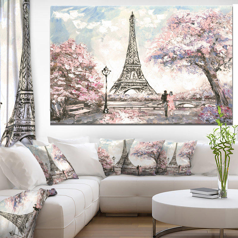 Paysage urbain «Eiffel avec fleurs roses», peinture, H 28 po x l 60 po x P 1,5 po, Toile tendue