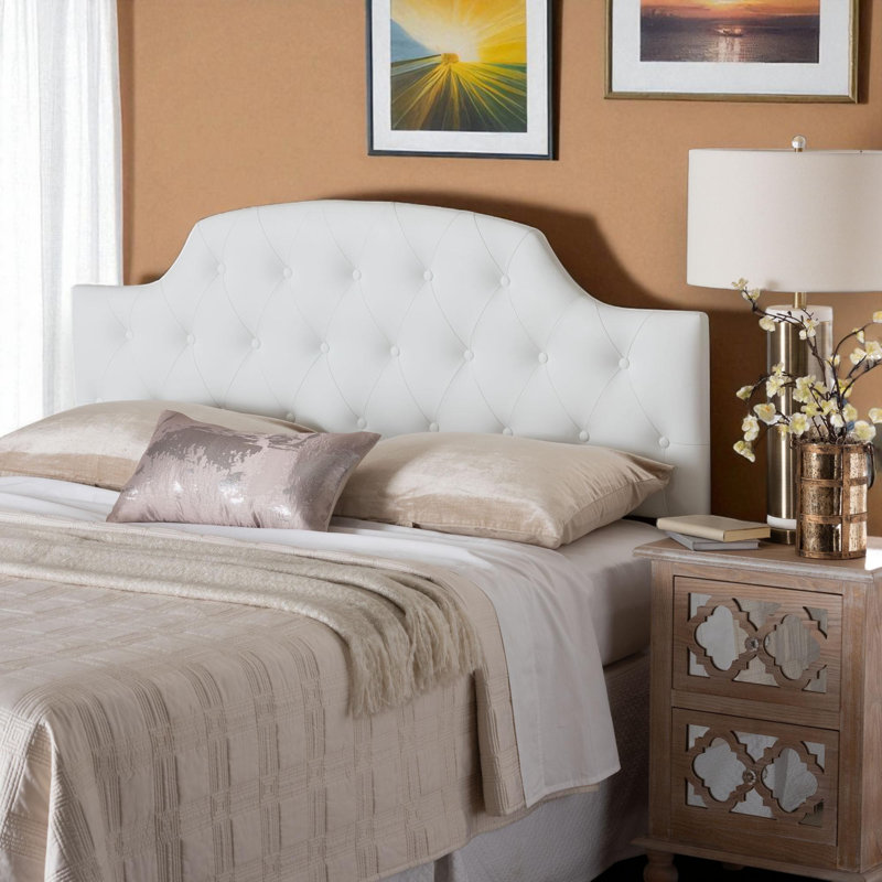 Nawrocki Queen Size Faux Leather Button-tufted Scalloped Headboard, White 53.97'' H X 60.60'' W X 2.30'' D