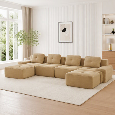 Canapé modulaire en forme de L de 153 pouces avec tissu velours côtelé, canapé 4 places, assise profonde et repose-pieds mobile