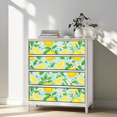 Peel and Stick Wallpaper Contact Paper seamless lemons blossom flowers whole half slices lemons mint Self Adhesive and Removable 17.7in x 118in(45x300cm)