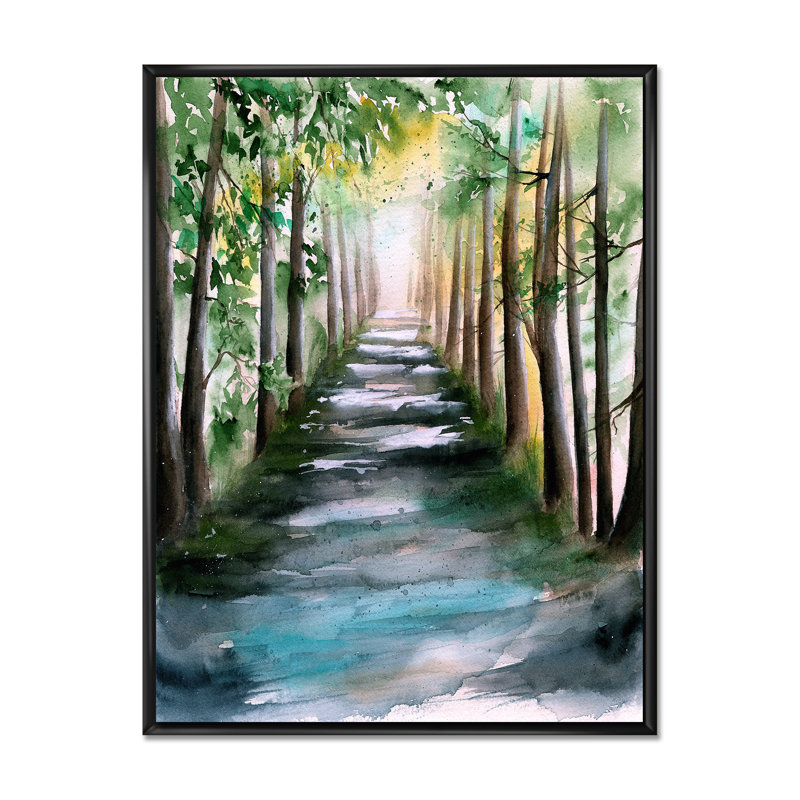 Une allée de forêt ensoleillée avec des ombres d'arbre - peinture sur toile, H 40 po x l 30 po, Toile à cadre flottant noir