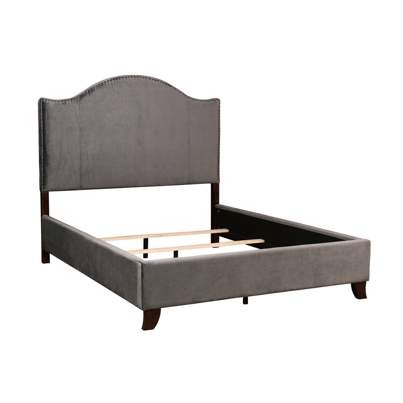 Lit double moderne et traditionnel, revêtement en velours gris, structure en bois massif, tête de lit avec garniture cloutée, sommier tapissier requis pour l'installation et utilisation