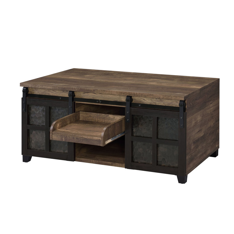 Oak Coffee Table With Sliding Doors, Rustic Charm, Versatile Storage Solution Wood Barn Ambiance For Living Room