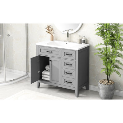 36" Bathroom Vanity , Freestanding Grey Vanity, Three Drawers, Ceramic Sink With Pre - Drilled Holes, Painted Surface 36 Inch Cabinet Storage, Solid Rubber Wood And , Drop In Sink,