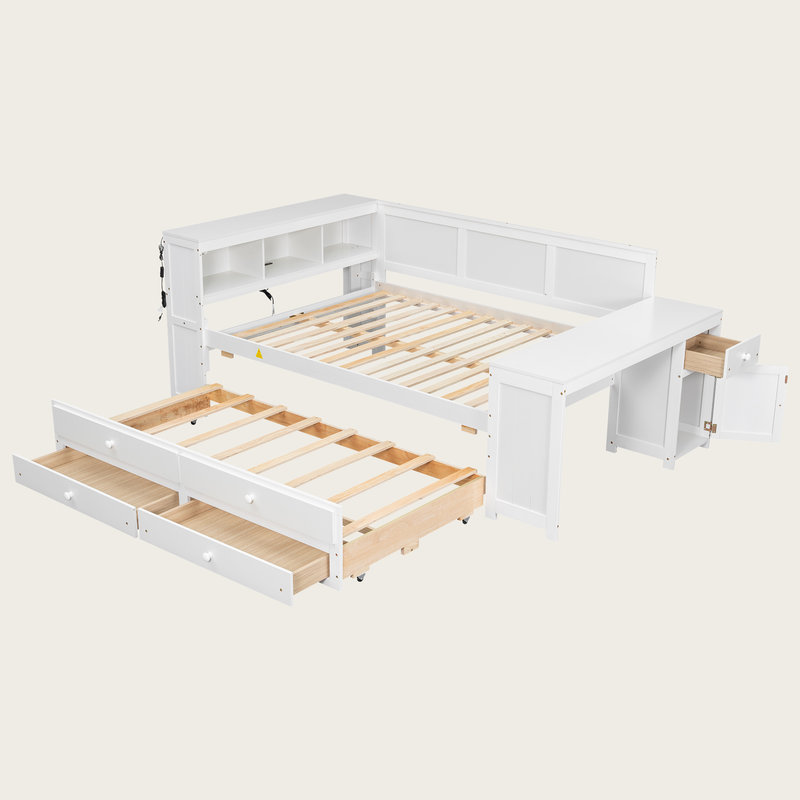 Full Size Daybed with Storage Shelves, Drawers, Trundle, Desk, LED Light and Charging Station, Multifunctional Wooden Daybed with Cabinet for Bedroom or Guest Room