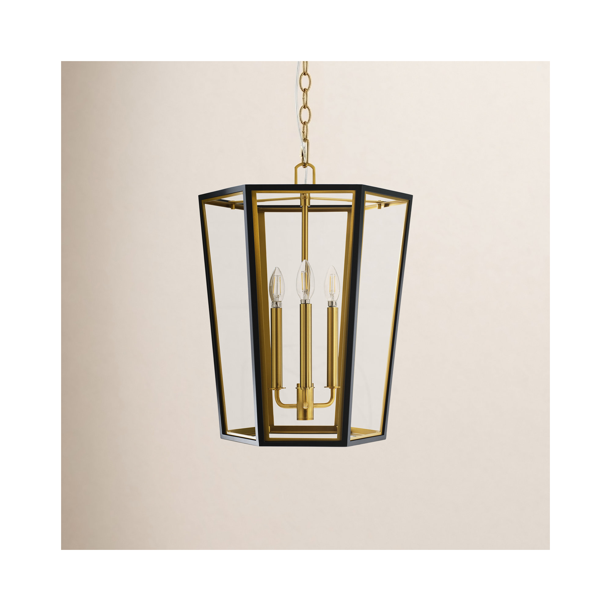 3 - Light Metal Dimmable Lantern Chandelier, Midnight Black/Burnished Brass