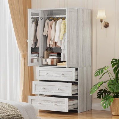 Armoire Wardrobe Closet with Drawers and Mirror, 71" Clothing Storage Cabinet with Hanging Rod