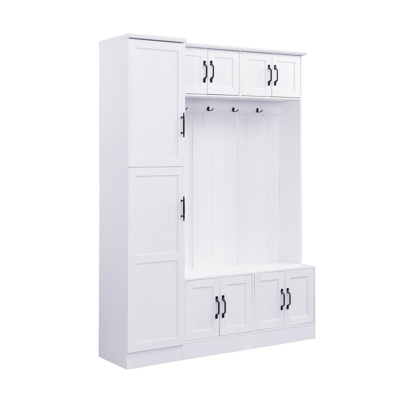 Portemanteau moderne avec rangement spacieux en MDF, banc blanc réglable pour le vestibule