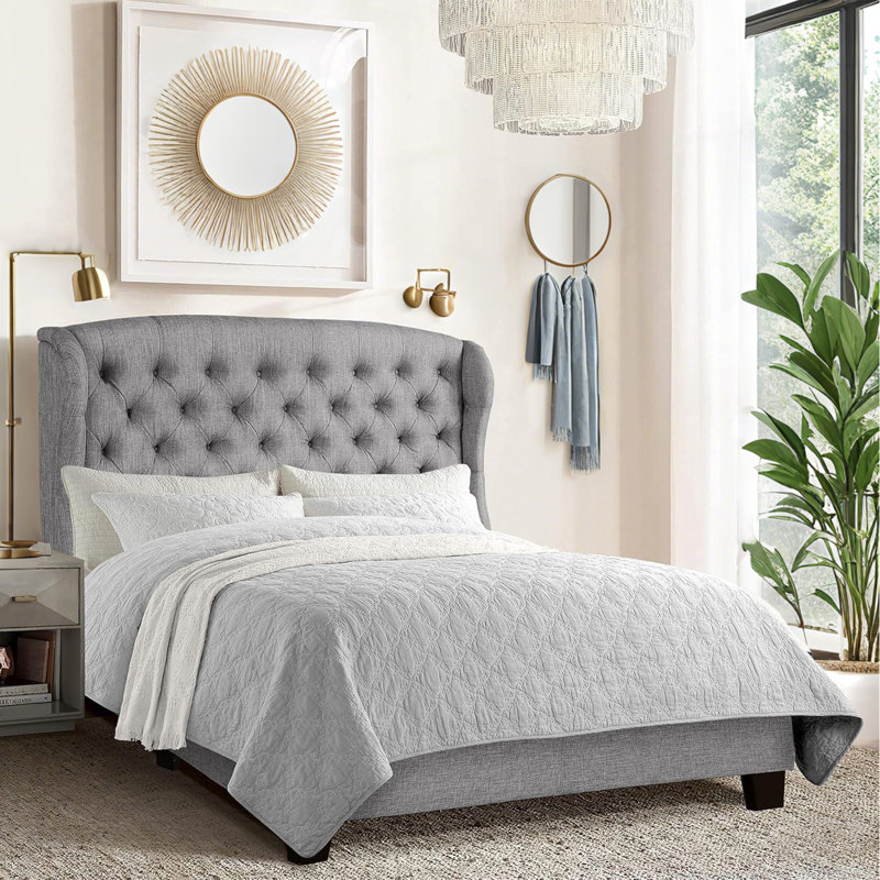 Virginia Upholstered Platform Bed Frame Bed with Button Tufted, Light Gray, Queen