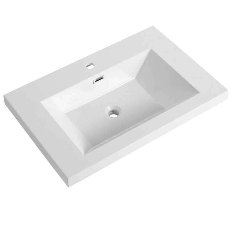 Lavabo de salle de bain 30 po en résine, blanc brillant et évier tendance