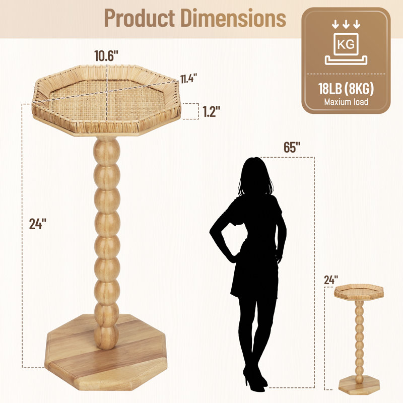 Natural Rattan End Table, Boho Solid Wood Octagon Side Table For Small Spaces, Accent Pedestal Drink Table For Living Room, Bedroom, Home Office