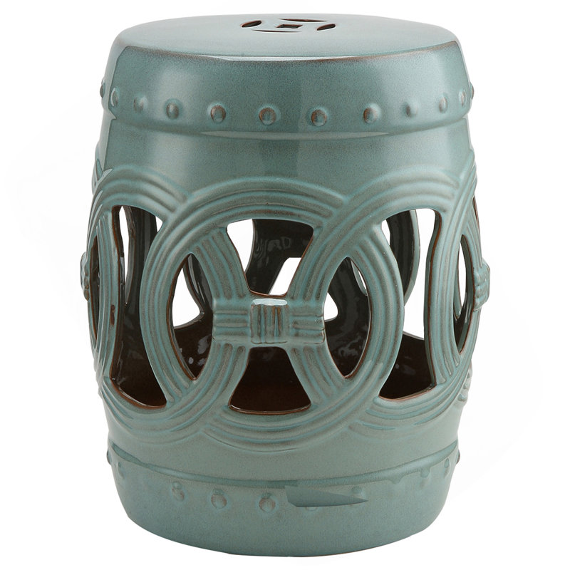 Outsunny 14" X 17" Ceramic Garden Stool With Double-Coin Knotted Ring Design & Strong Glazed Material, Decorative End Table, Home Collection, Antique Blue