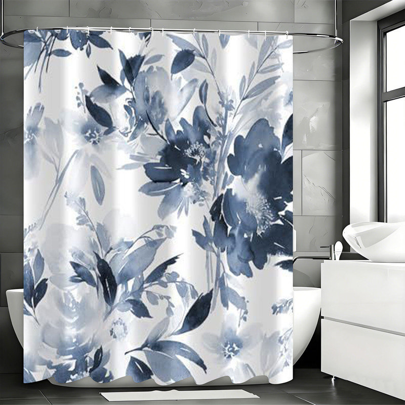 Rideaux de douche floraux avec crochets inclus, Motif floral bleu