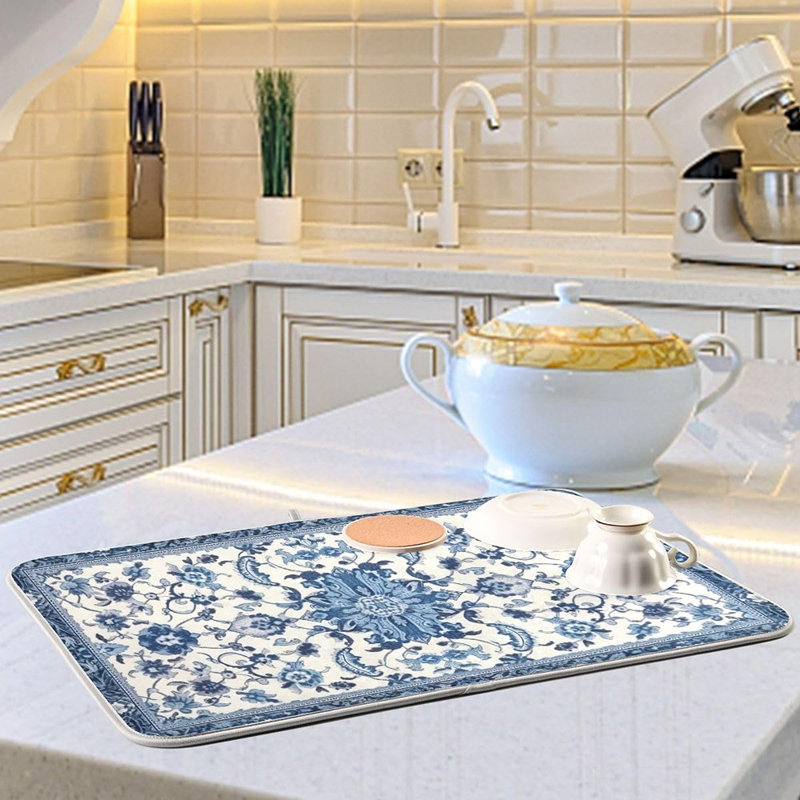 Tapis de vaisselle - bleu et blanc - absorbant, sous-comptoir de cuisine, tapis d'évier à café et égouttoir à vaisselle