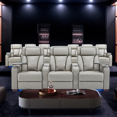 Home Theater Seating With Adjustable Headrests, Leather Power Reclining Sofa With Usb & Type-c Charging, Led Ambient Lighting, Cup Holders And Storage by Ivy Bronx