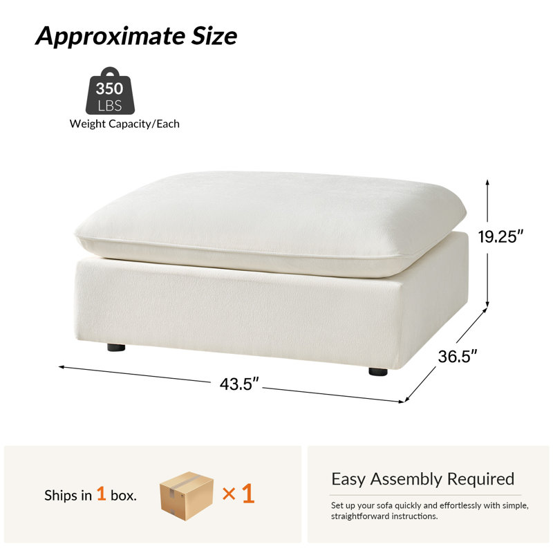 Cioffi 43.5"W Modern Oversized Down Blend Ottoman With Solid Wood Legs, Ivory