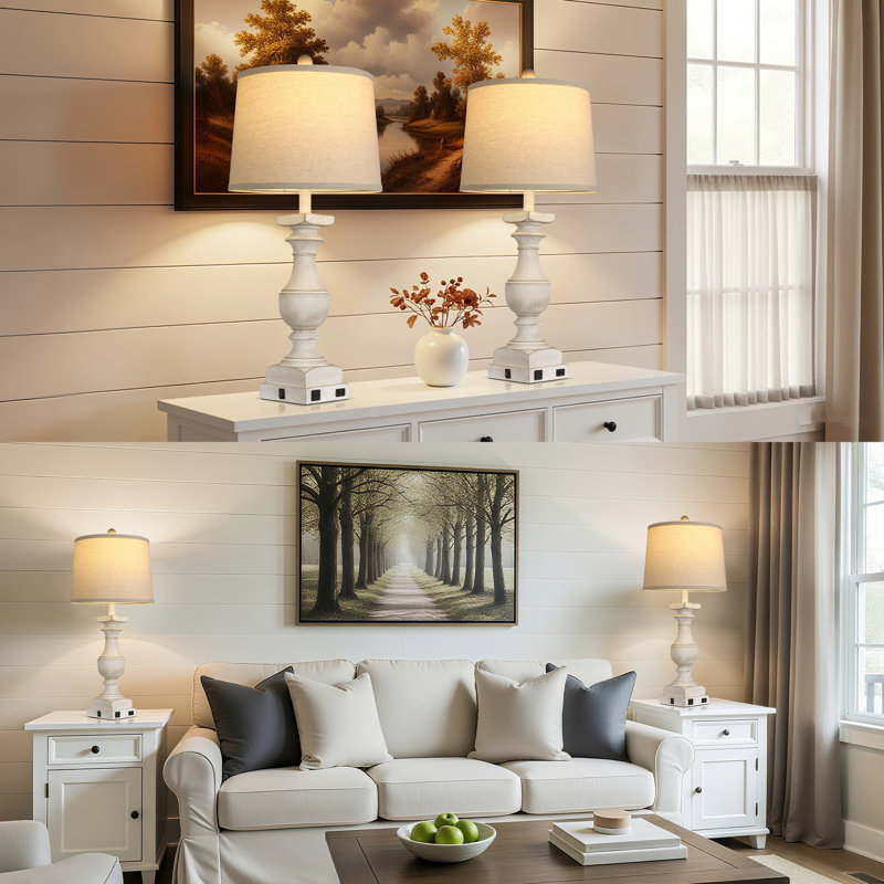 Ensemble de 2 lampes de table 28 "en blanc délavé Farmhouse avec port USB A + C pour la chambre à coucher, ampoules incluses
