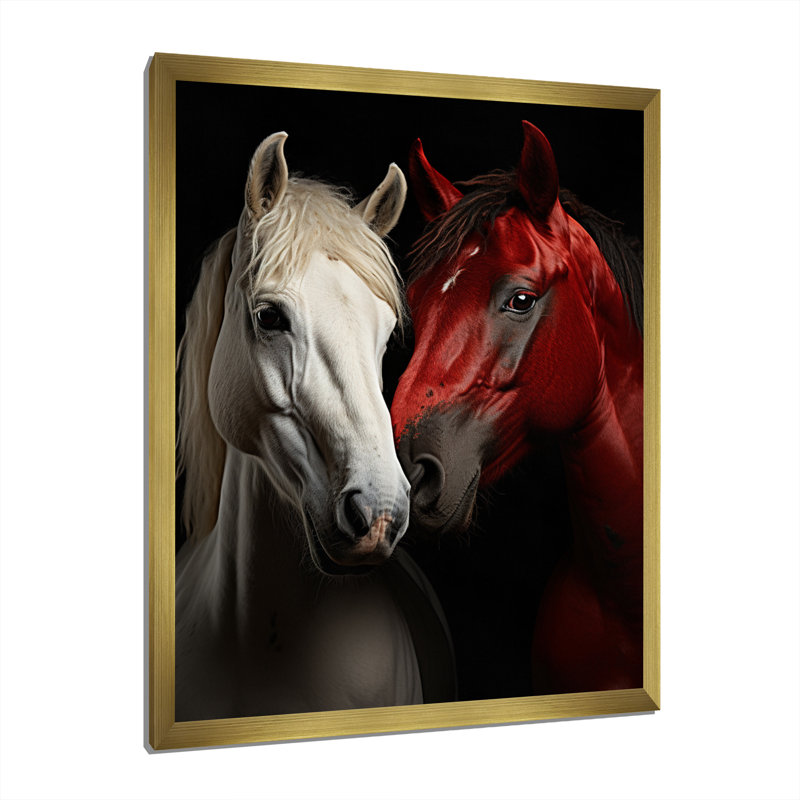 «Kaysin Red and White Horse Dynamic Duo», reproduction sur toile, Encadrement doré, H 32 po x l 16 po x P 1 po